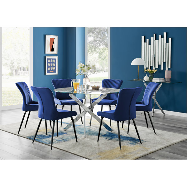 Furniture Box Novara 120Cm Round Glass Dining Table & 6 Blue Nora Black